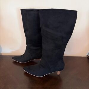 Coutgo Size 8.5 Black Faux Suede Knee-High Kitten Heel Boots